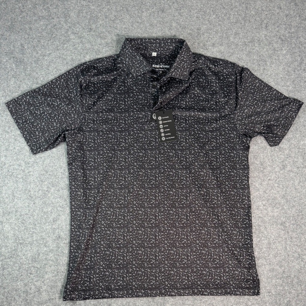 Kings of Links Mens Performance Golf Polo Shirt Black White Geometric Print M